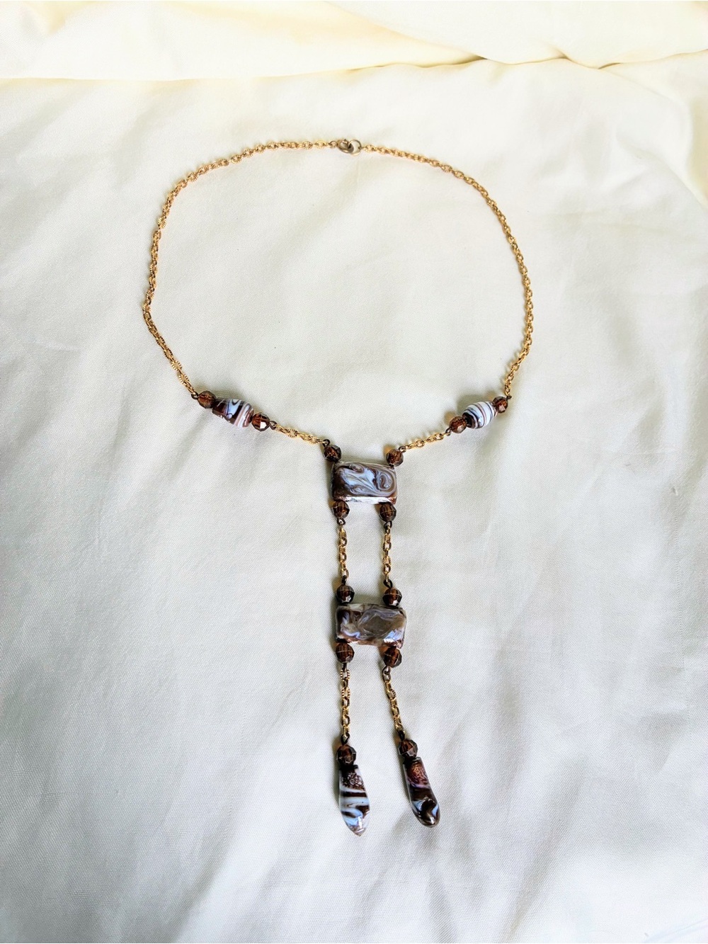 Romantic retro necklace with brown and white marbled glass beads